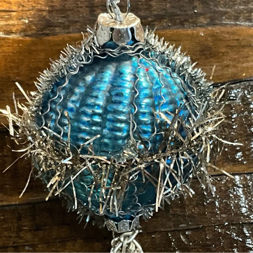 Unique Blue Glass Ornament with Wire Tinsel Beads